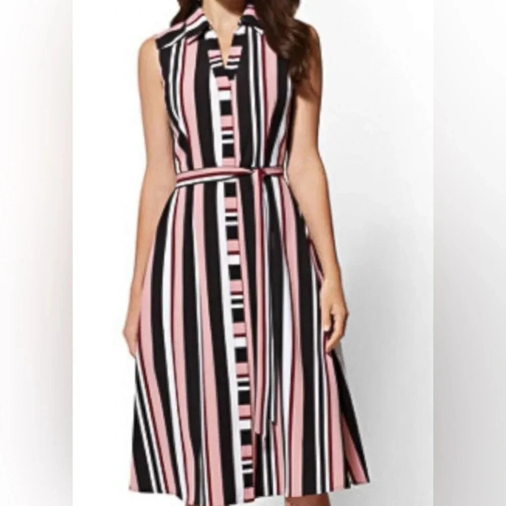NEW YORK & COMPANY Women’s PINK / Black MULTI STRIPE SLEEVLESS SHIRT DRESS Small